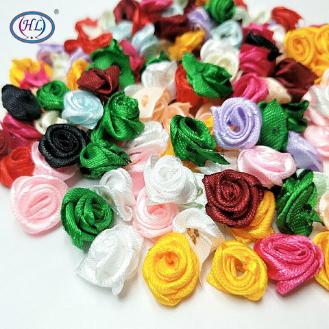 HL 60pcs 15mm Ribbon Rose Flowers DIY Appliques Wedding Decorations Crafts Supplies Lots Colors