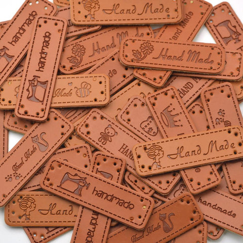 KALASO Wholesale 30pcs Handmade Labels Tags Clothes Garment PU Leather Labels Hand Made Jeans Bags Shoes Craft Sewing Supplies