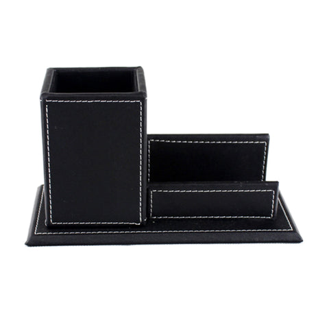 Pu Leather Pen Pencil Stand Marker Storage Box Organizer Case & Business Card Display Stand Pen Holders Office Supplies Black