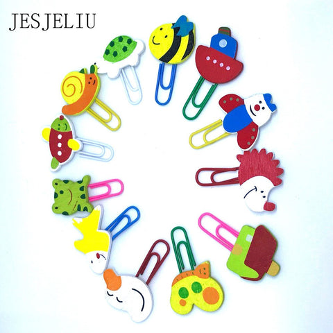 12PCS Cute Animal Painted Wooden Paperclip Burst Models Stationery Learning Office Supplies Paper Clips Clip Metal fREE sHIPPING