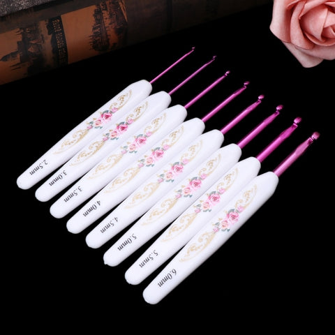 8pcs Plastic Handle Floral Aluminium Crochet Hooks Knitting Needle Set Weaving